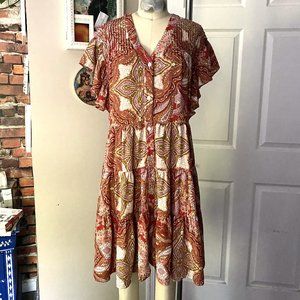529 UFFIZI Red Paisley damask Flutter Sleeve Prairie Tiered ruffle Dress *LRG*